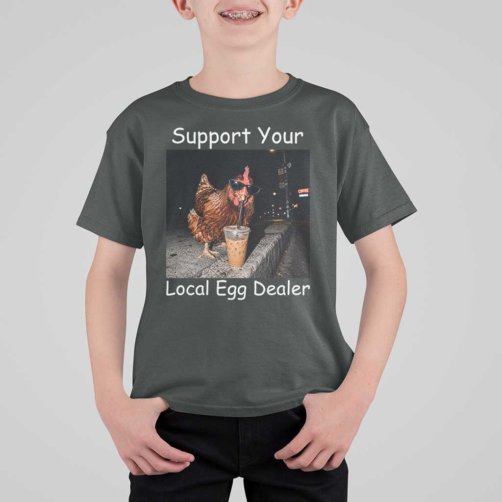 Support Local Dealer Chicken Farmer T Shirt For Kid Funny Animal Graphic Chicken Drinking Iced Coffee