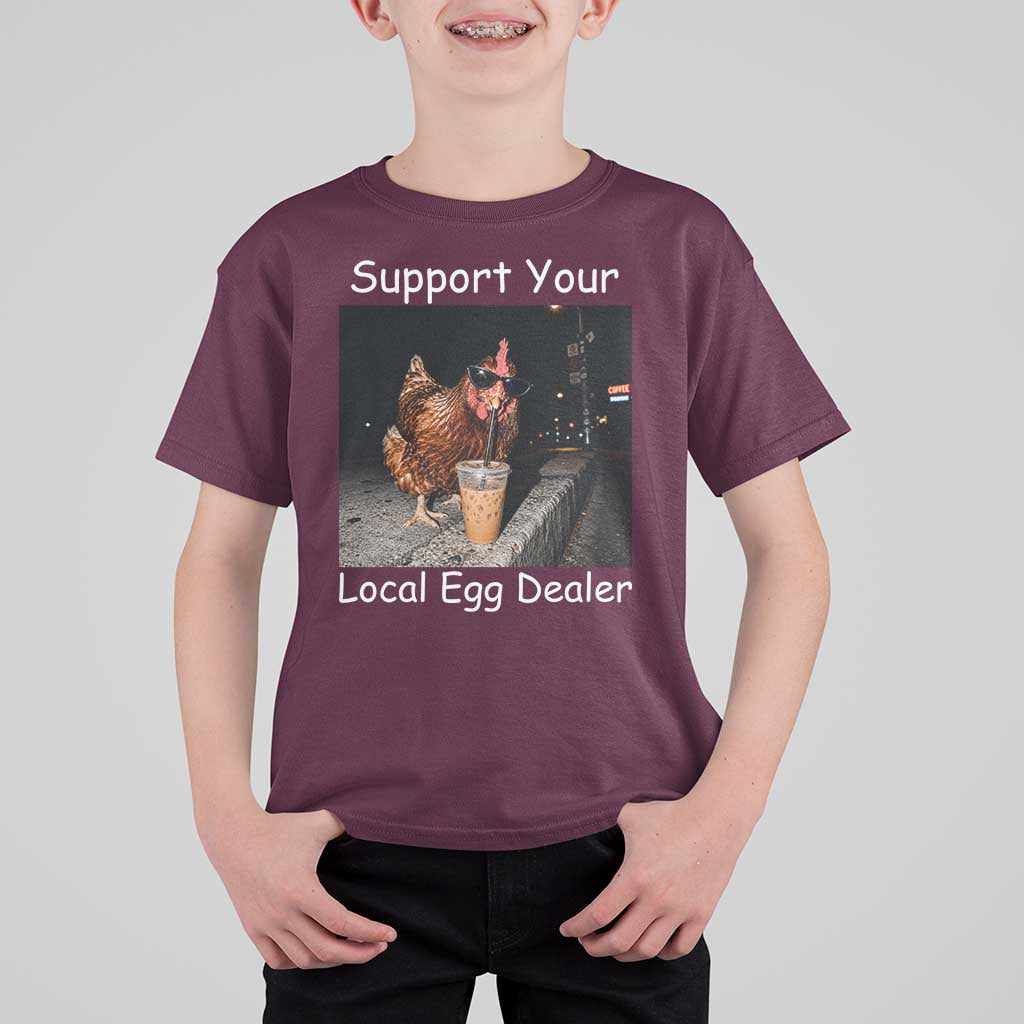 Support Local Dealer Chicken Farmer T Shirt For Kid Funny Animal Graphic Chicken Drinking Iced Coffee