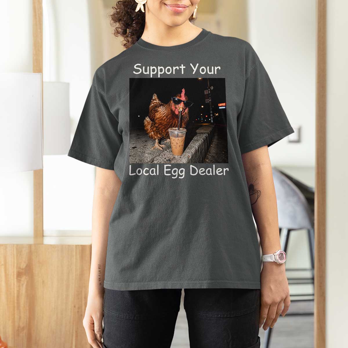 Support Local Dealer Chicken Farmer T Shirt For Women Funny Animal Graphic Chicken Drinking Iced Coffee