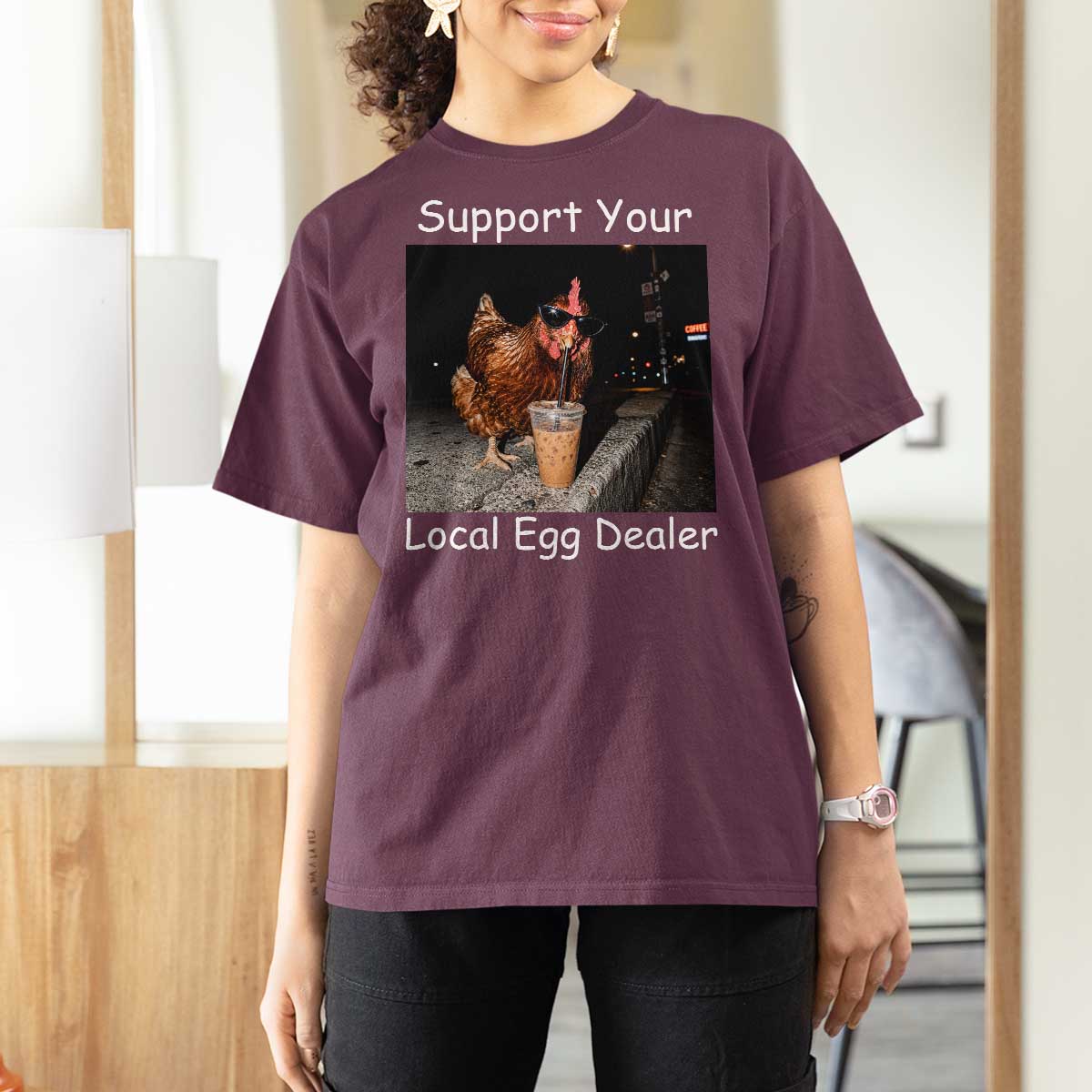 Support Local Dealer Chicken Farmer T Shirt For Women Funny Animal Graphic Chicken Drinking Iced Coffee