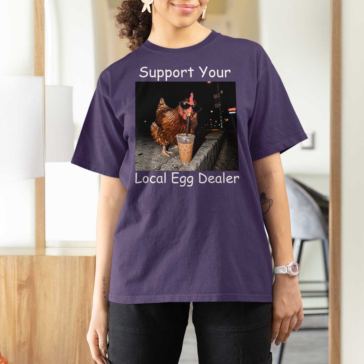Support Local Dealer Chicken Farmer T Shirt For Women Funny Animal Graphic Chicken Drinking Iced Coffee