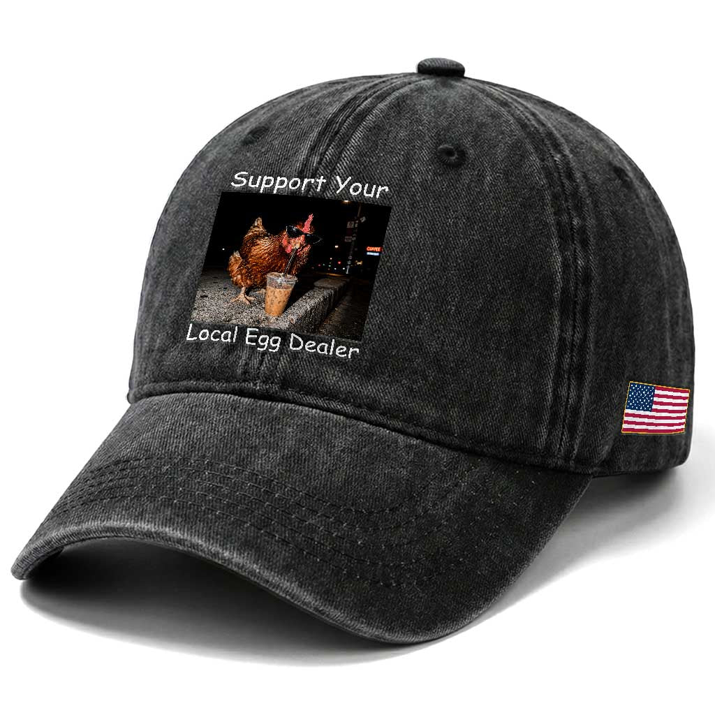 Support Local Dealer Chicken Farmer Washed Cotton Baseball Cap Funny Animal Graphic Chicken Drinking Iced Coffee