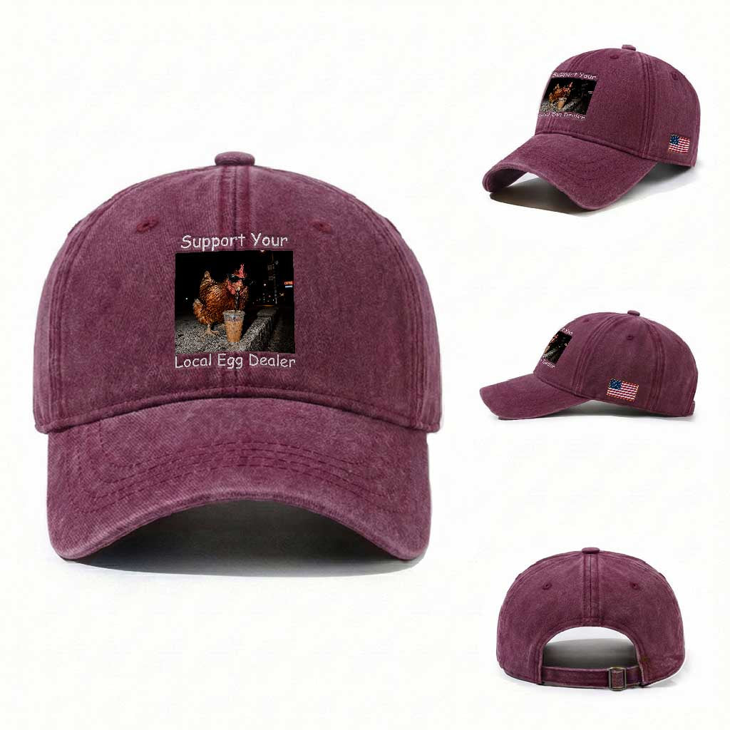 Support Local Dealer Chicken Farmer Washed Cotton Baseball Cap Funny Animal Graphic Chicken Drinking Iced Coffee