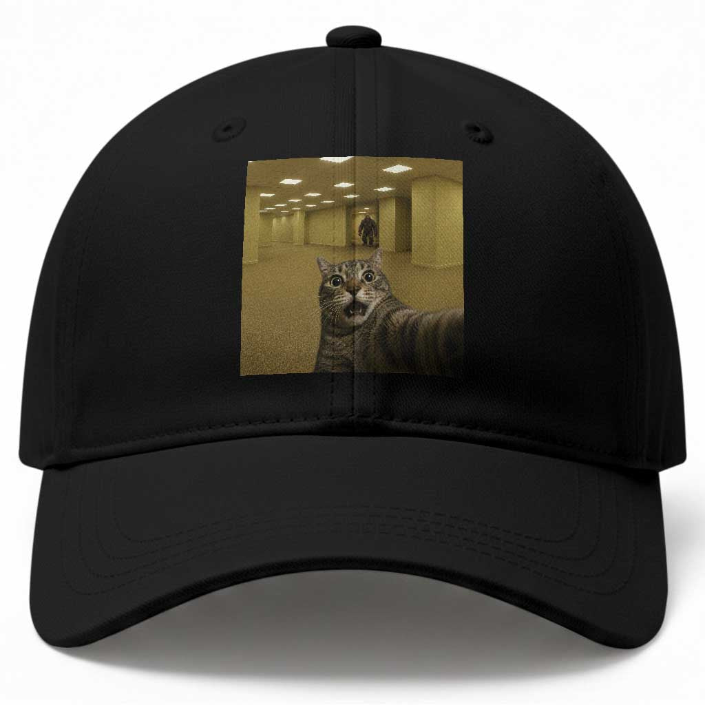Funny Cat Selfie with Bigfoot Sasquatch Backrooms Liminal Space Meme Baseball Cap