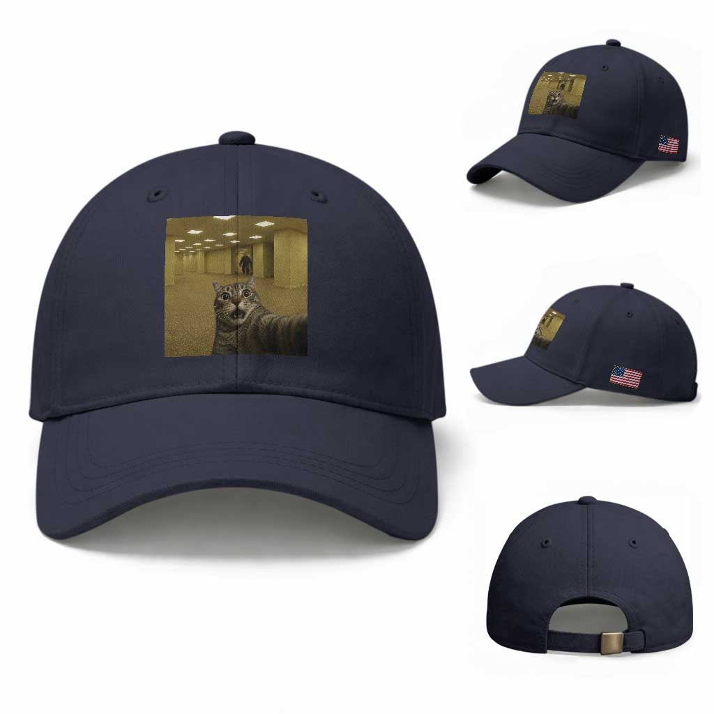 Funny Cat Selfie with Bigfoot Sasquatch Backrooms Liminal Space Meme Baseball Cap