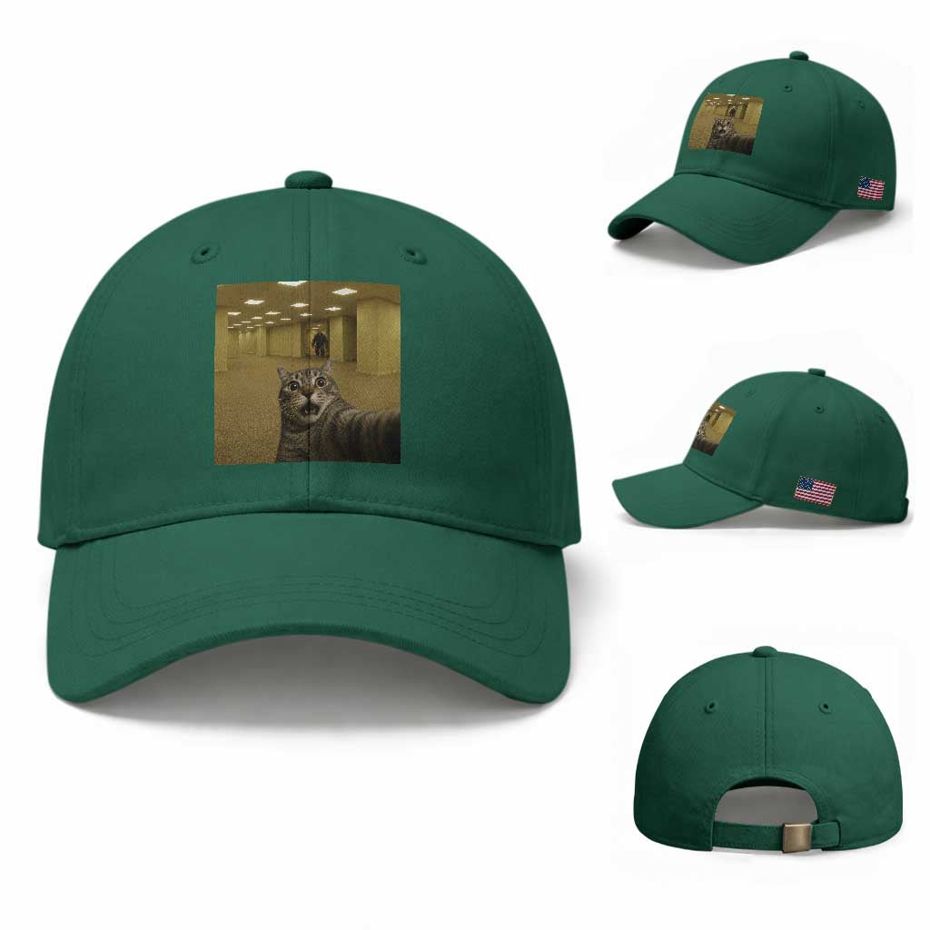 Funny Cat Selfie with Bigfoot Sasquatch Backrooms Liminal Space Meme Baseball Cap