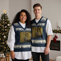 Funny Cat Selfie with Bigfoot Sasquatch Backrooms Liminal Space Meme V-Neck Knit Sweater Vest