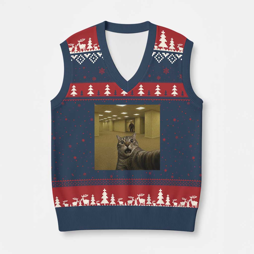 Funny Cat Selfie with Bigfoot Sasquatch Backrooms Liminal Space Meme V-Neck Knit Sweater Vest