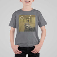 Funny Cat Selfie with Bigfoot Sasquatch Backrooms Liminal Space Meme T Shirt For Kid