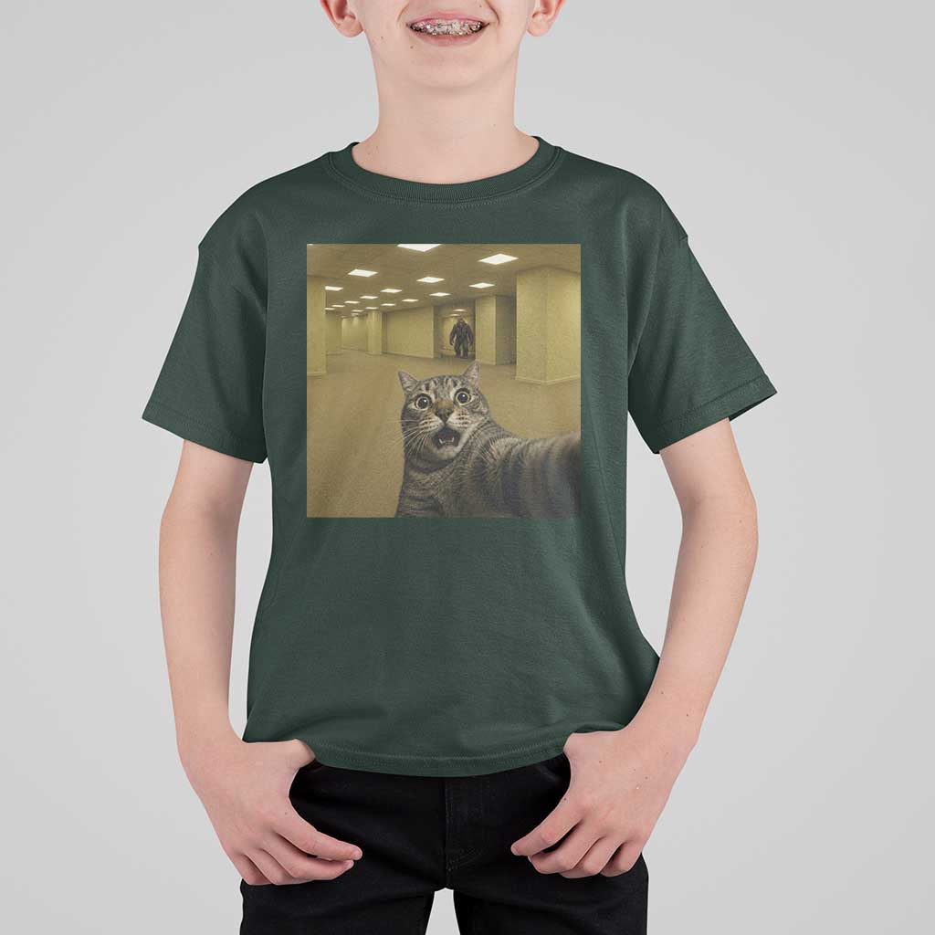 Funny Cat Selfie with Bigfoot Sasquatch Backrooms Liminal Space Meme T Shirt For Kid
