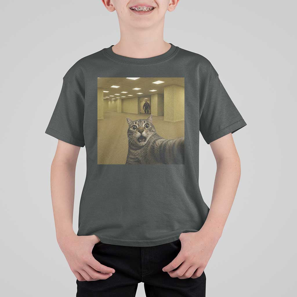 Funny Cat Selfie with Bigfoot Sasquatch Backrooms Liminal Space Meme T Shirt For Kid