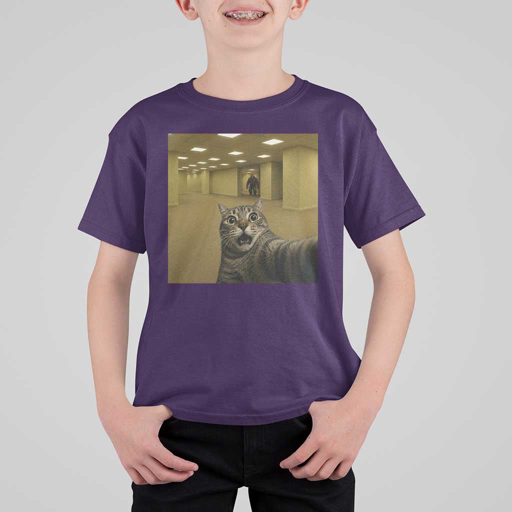 Funny Cat Selfie with Bigfoot Sasquatch Backrooms Liminal Space Meme T Shirt For Kid