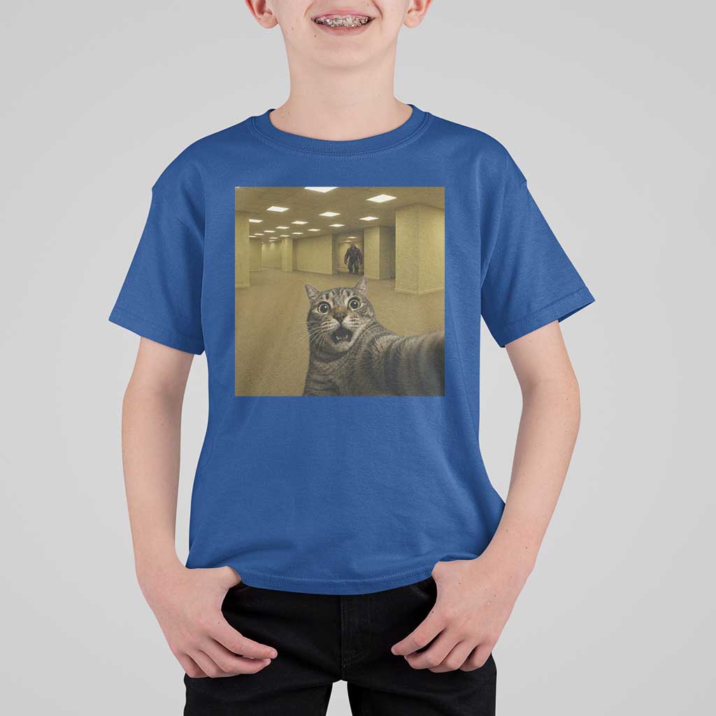 Funny Cat Selfie with Bigfoot Sasquatch Backrooms Liminal Space Meme T Shirt For Kid