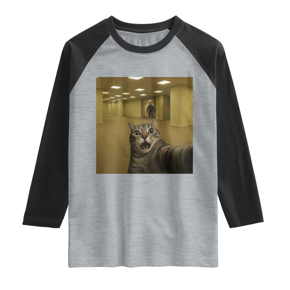 Funny Cat Selfie with Bigfoot Sasquatch Backrooms Liminal Space Meme Raglan Shirt