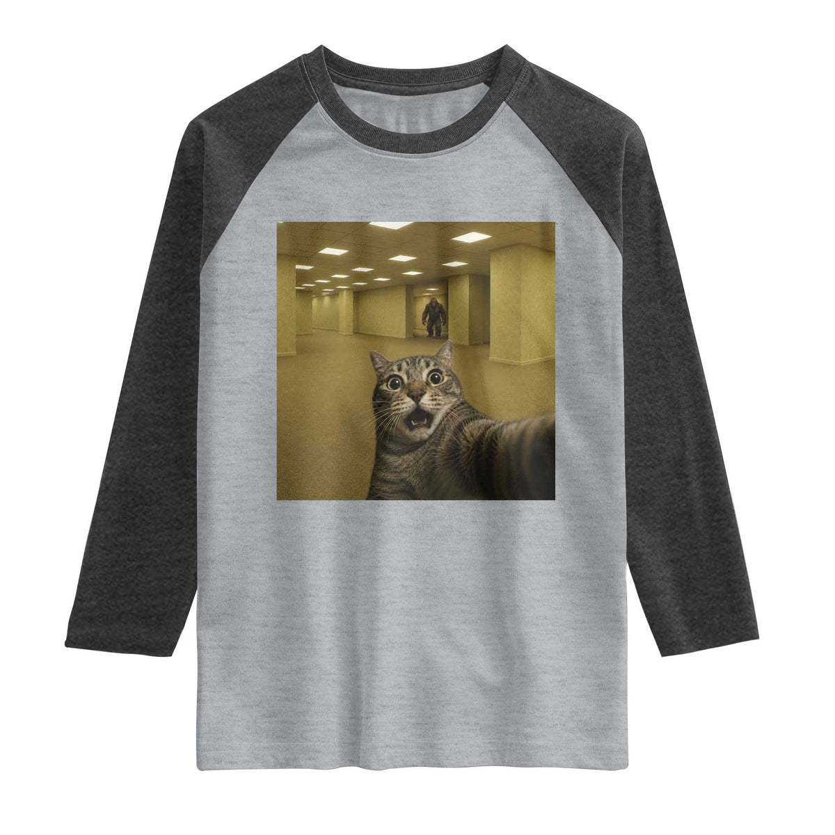 Funny Cat Selfie with Bigfoot Sasquatch Backrooms Liminal Space Meme Raglan Shirt