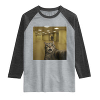 Funny Cat Selfie with Bigfoot Sasquatch Backrooms Liminal Space Meme Raglan Shirt
