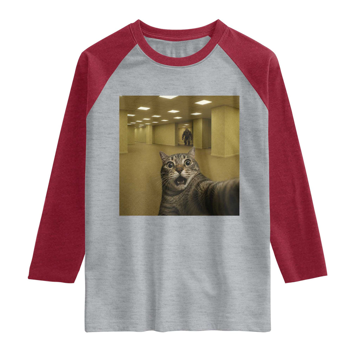 Funny Cat Selfie with Bigfoot Sasquatch Backrooms Liminal Space Meme Raglan Shirt