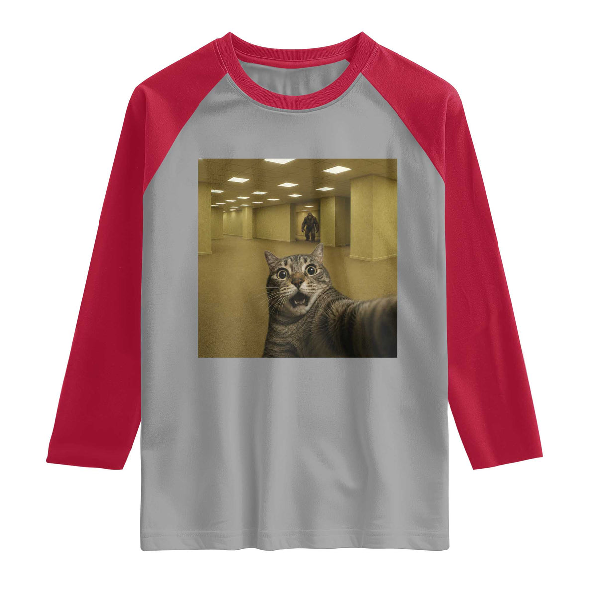 Funny Cat Selfie with Bigfoot Sasquatch Backrooms Liminal Space Meme Raglan Shirt