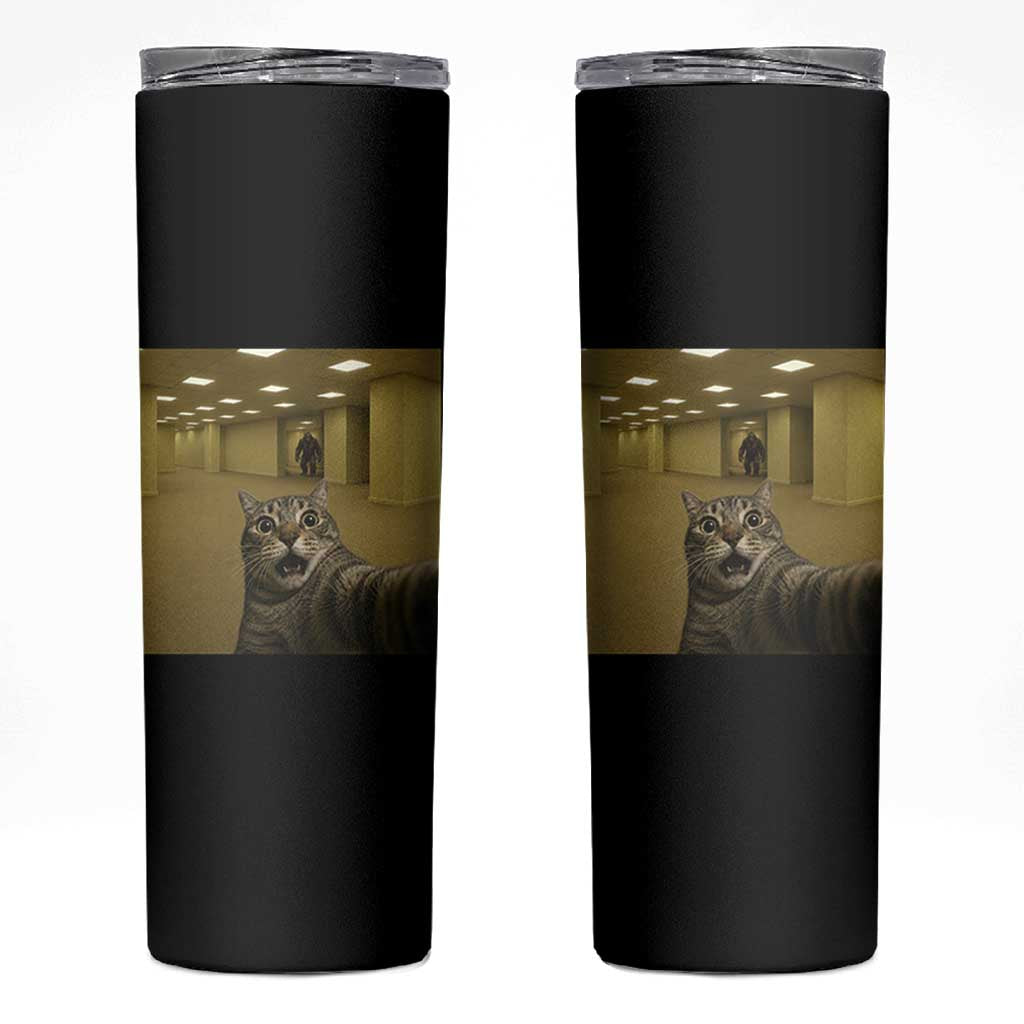 Funny Cat Selfie with Bigfoot Sasquatch Backrooms Liminal Space Meme Skinny Tumbler