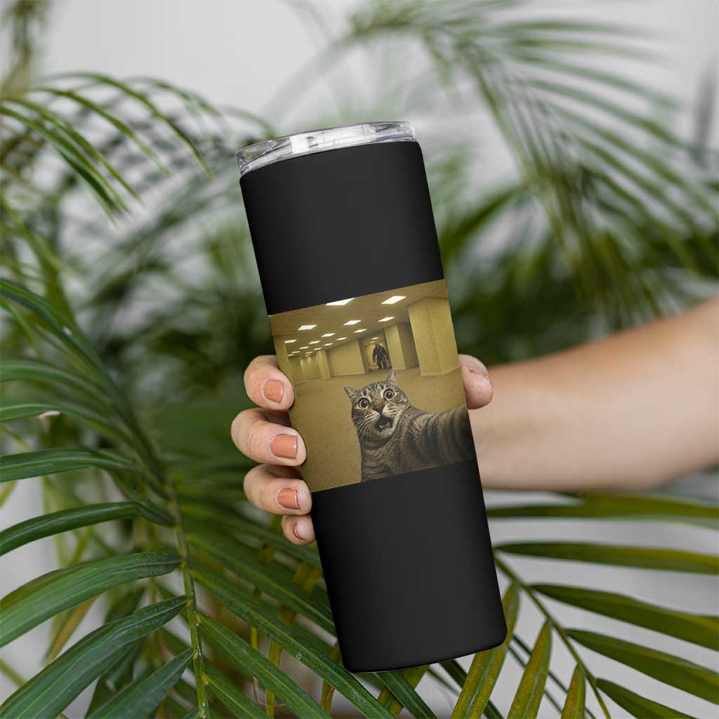 Funny Cat Selfie with Bigfoot Sasquatch Backrooms Liminal Space Meme Skinny Tumbler