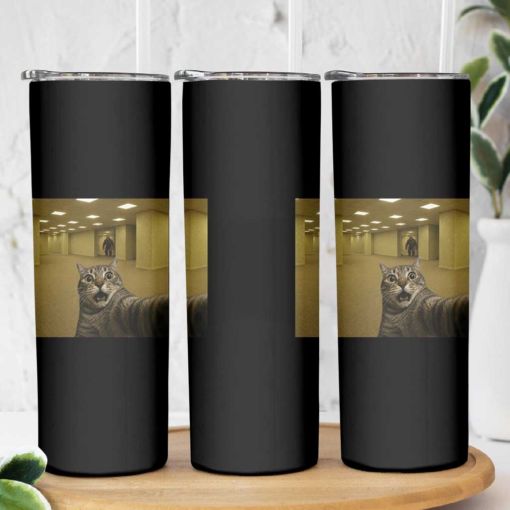 Funny Cat Selfie with Bigfoot Sasquatch Backrooms Liminal Space Meme Skinny Tumbler