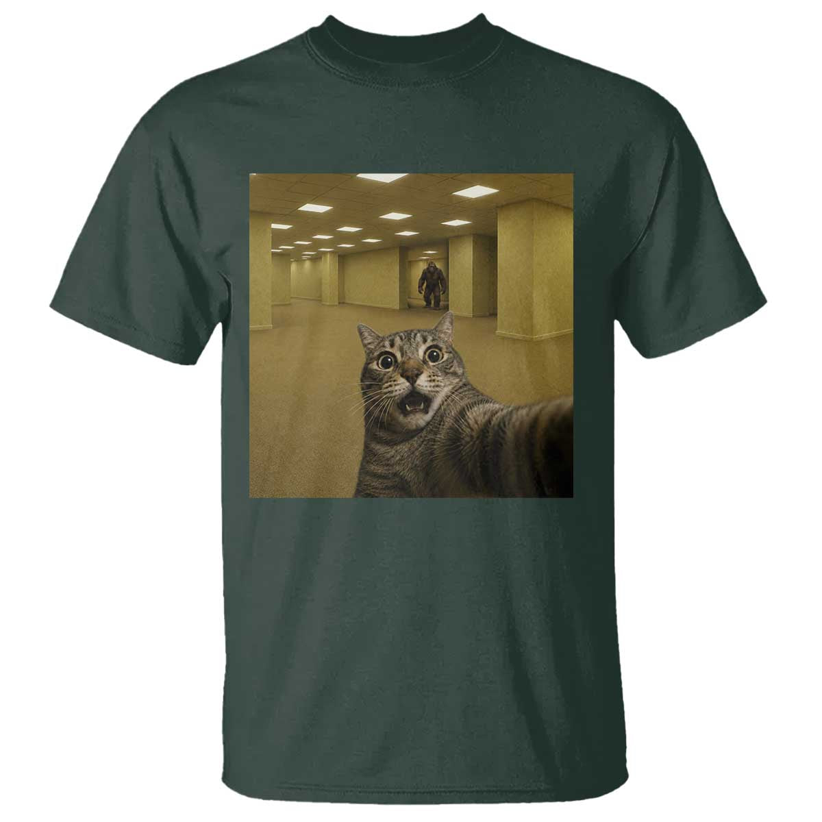 Funny Cat Selfie with Bigfoot Sasquatch Backrooms Liminal Space Meme T Shirt