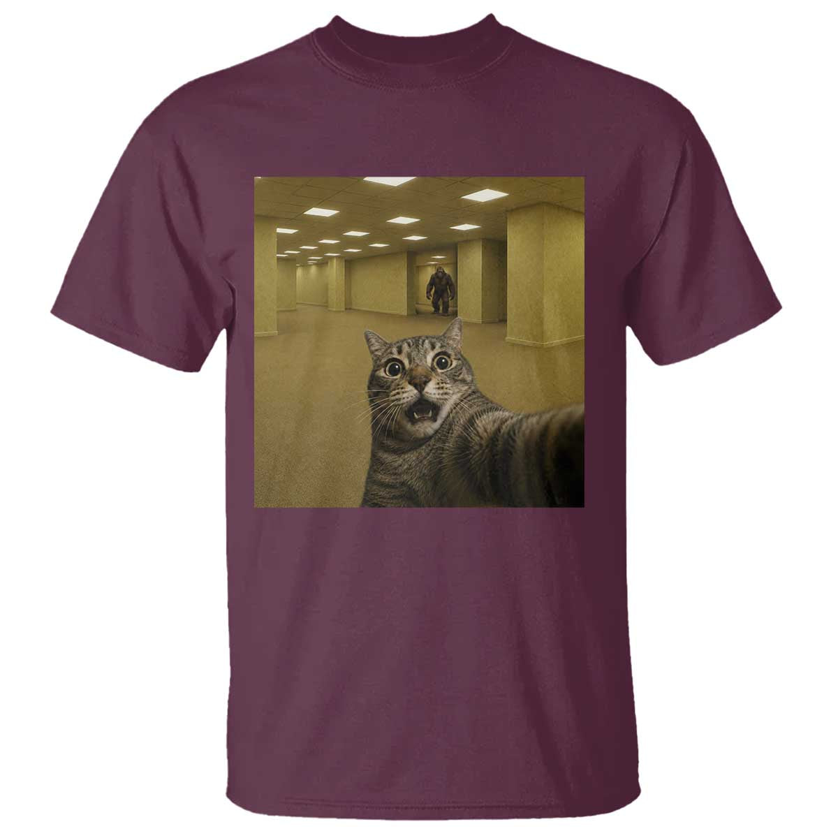 Funny Cat Selfie with Bigfoot Sasquatch Backrooms Liminal Space Meme T Shirt