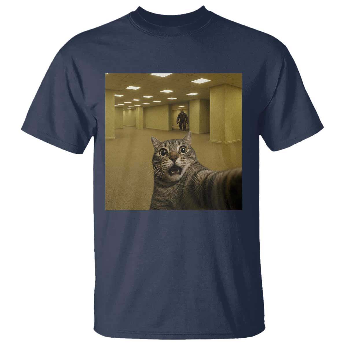 Funny Cat Selfie with Bigfoot Sasquatch Backrooms Liminal Space Meme T Shirt