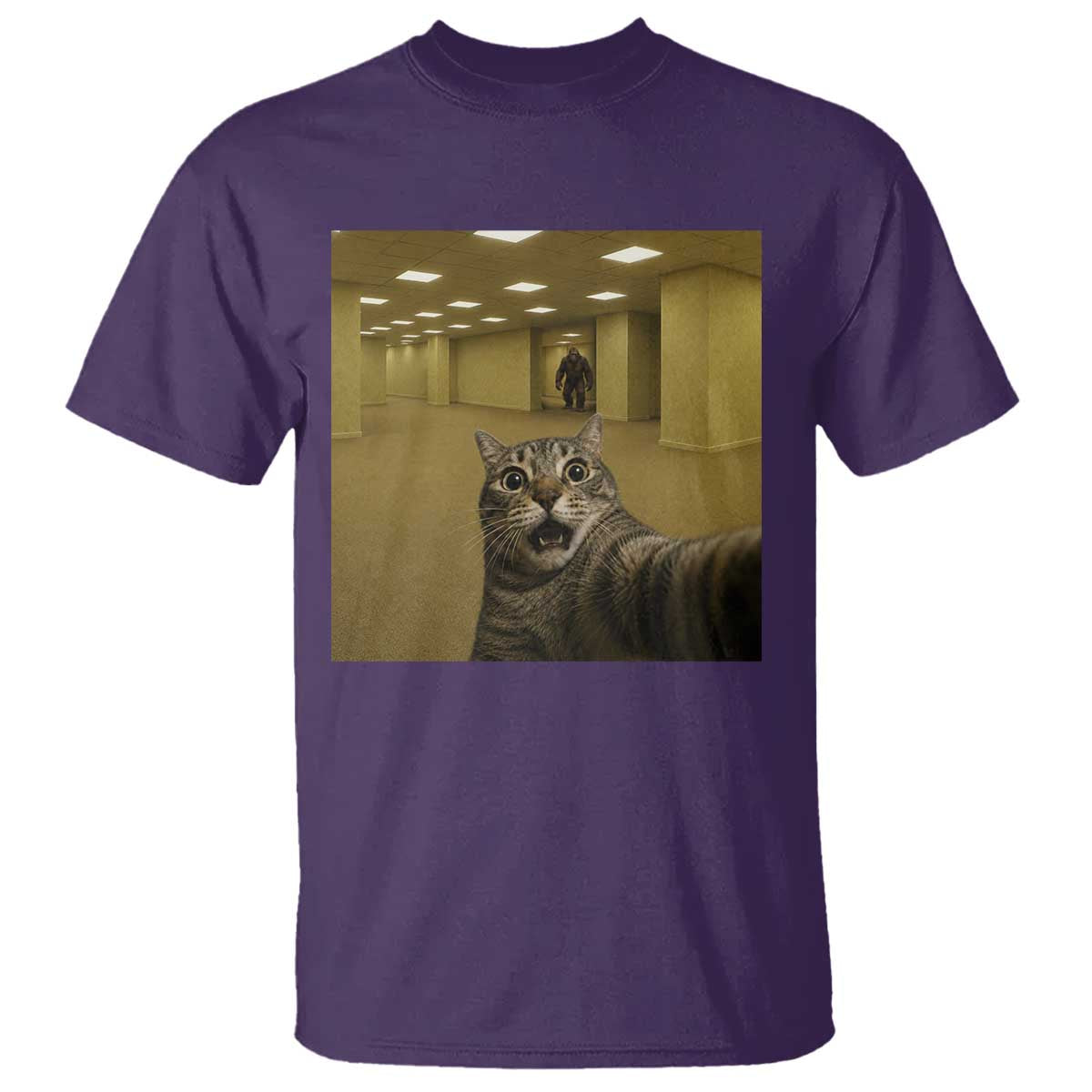 Funny Cat Selfie with Bigfoot Sasquatch Backrooms Liminal Space Meme T Shirt