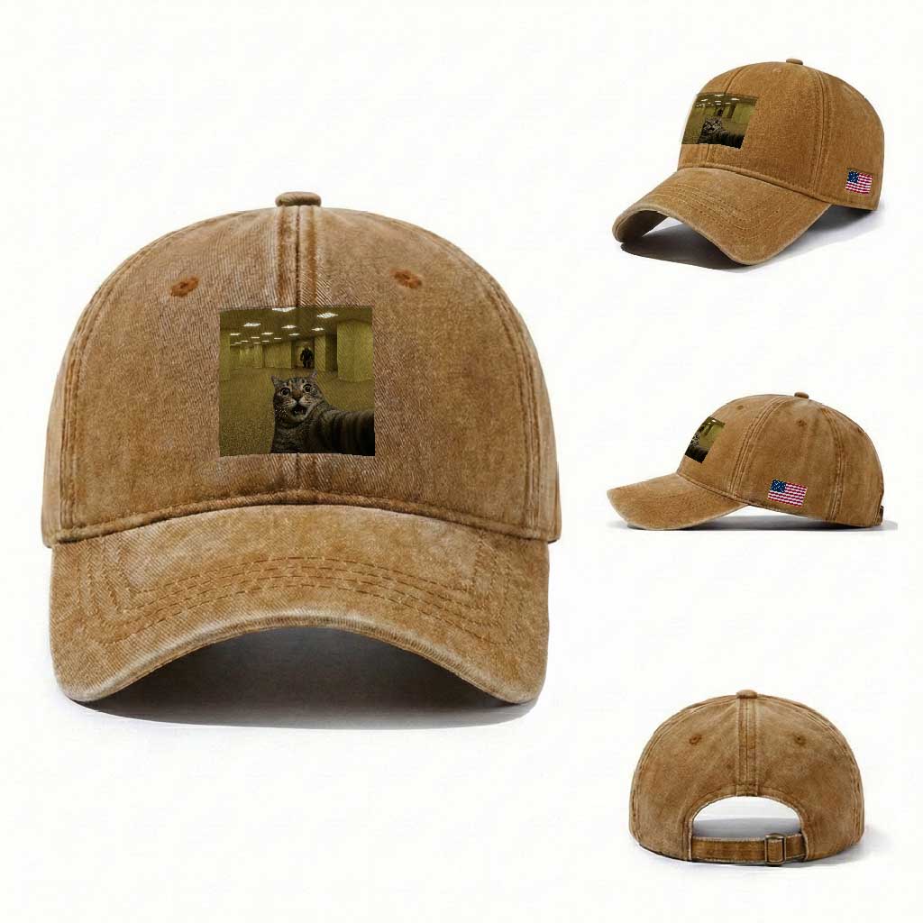 Funny Cat Selfie with Bigfoot Sasquatch Backrooms Liminal Space Meme Washed Cotton Baseball Cap