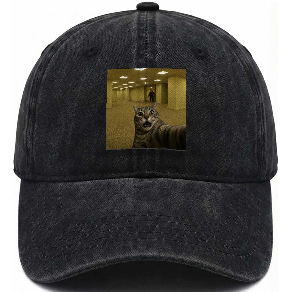 Funny Cat Selfie with Bigfoot Sasquatch Backrooms Liminal Space Meme Washed Cotton Baseball Cap