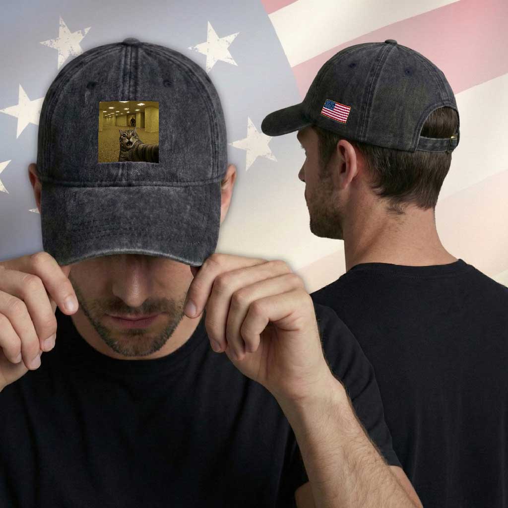 Funny Cat Selfie with Bigfoot Sasquatch Backrooms Liminal Space Meme Washed Cotton Baseball Cap
