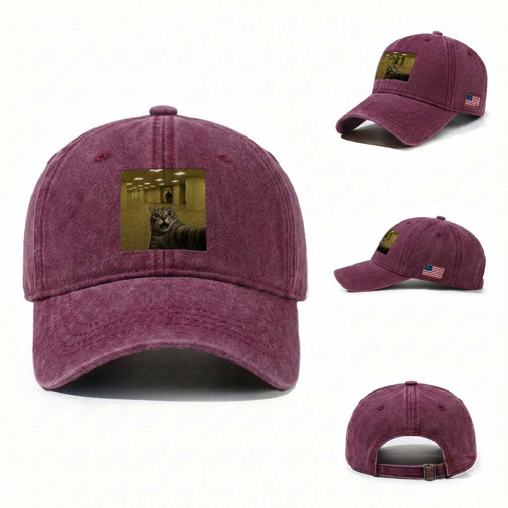 Funny Cat Selfie with Bigfoot Sasquatch Backrooms Liminal Space Meme Washed Cotton Baseball Cap