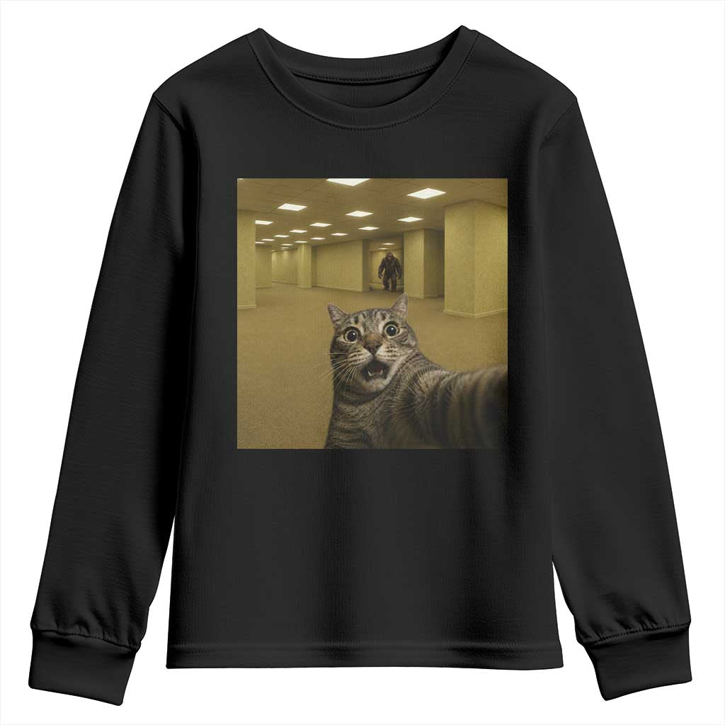 Funny Cat Selfie with Bigfoot Sasquatch Backrooms Liminal Space Meme Youth Sweatshirt