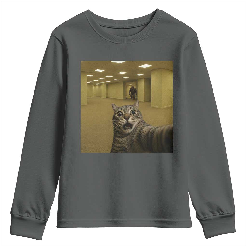 Funny Cat Selfie with Bigfoot Sasquatch Backrooms Liminal Space Meme Youth Sweatshirt