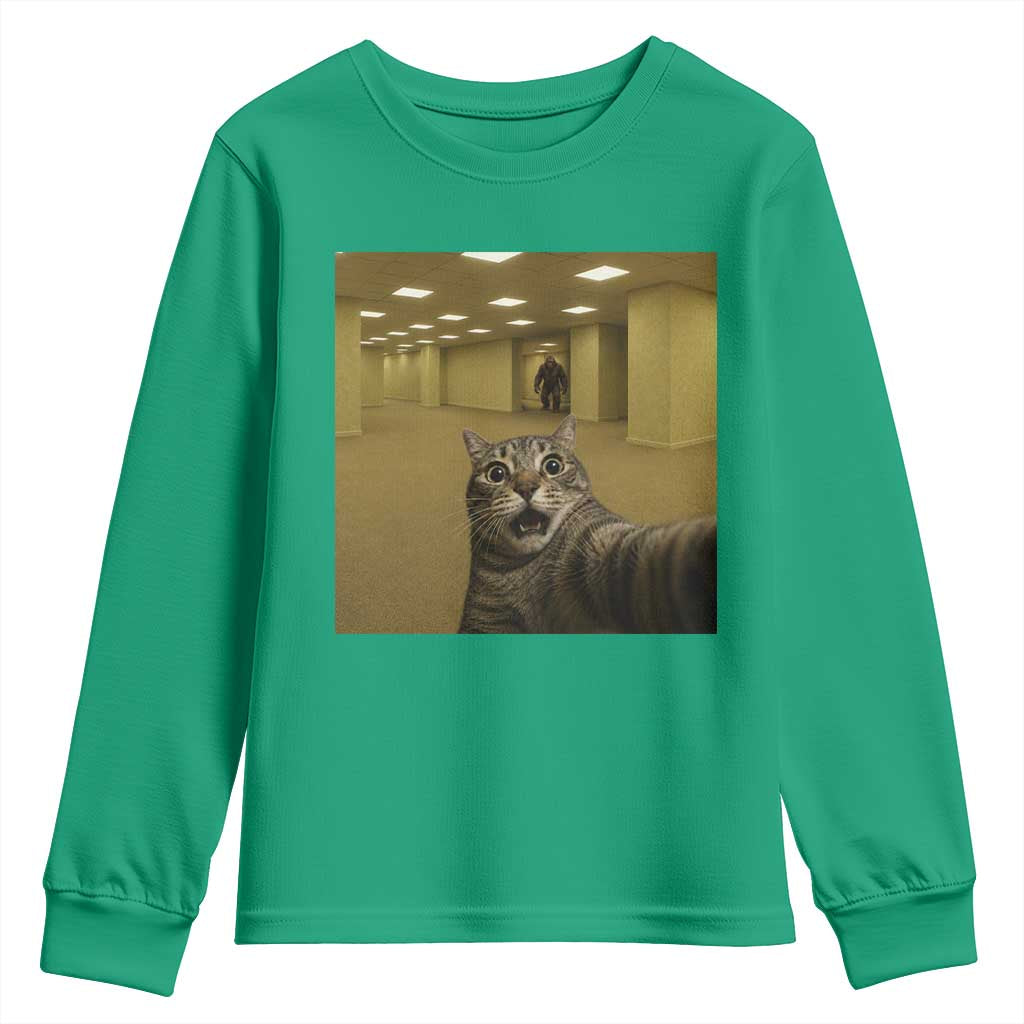 Funny Cat Selfie with Bigfoot Sasquatch Backrooms Liminal Space Meme Youth Sweatshirt