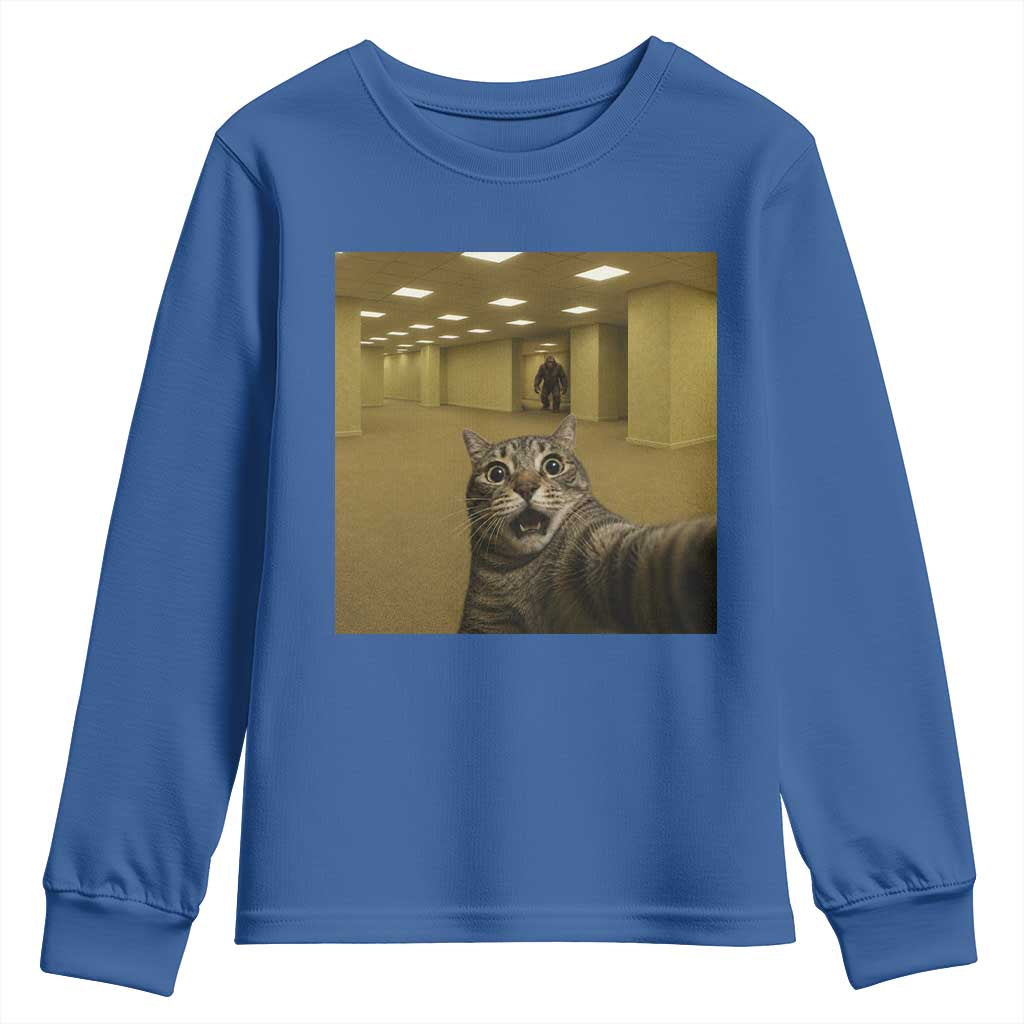 Funny Cat Selfie with Bigfoot Sasquatch Backrooms Liminal Space Meme Youth Sweatshirt