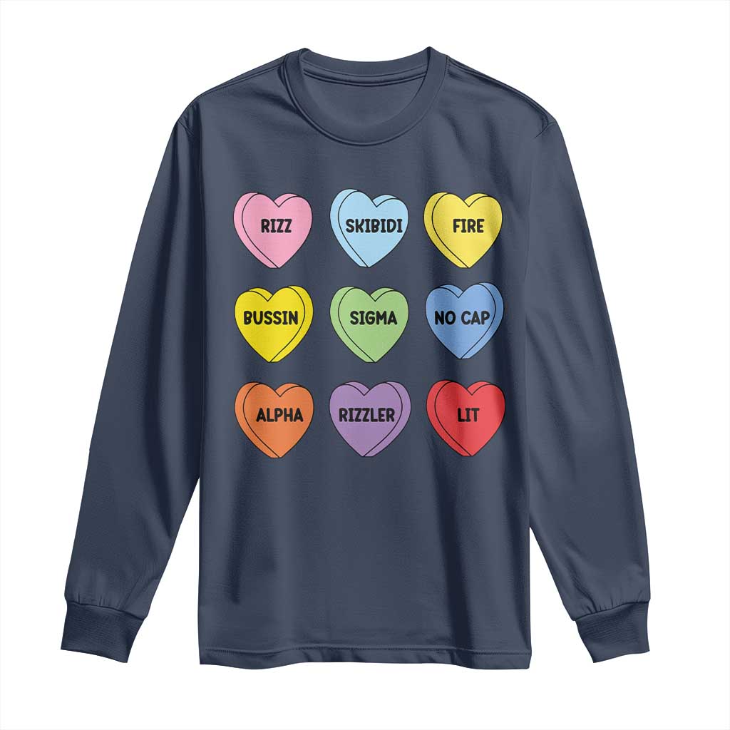 Funny Skibidi Valentine's Day Long Sleeve Shirt Rizz No Cap Conversation Hearts Sigma