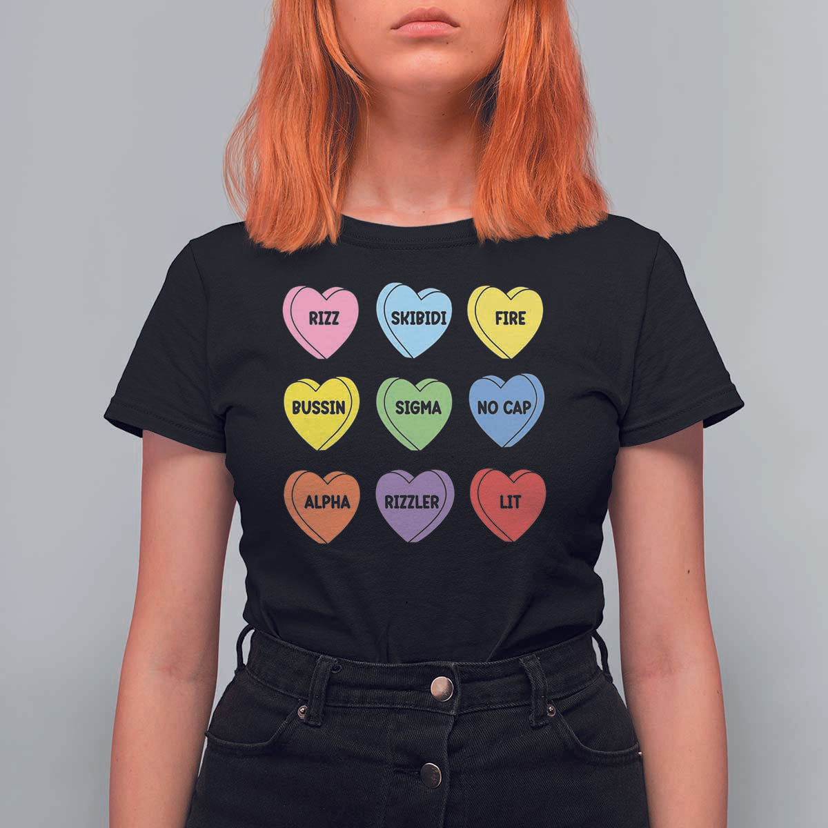 Funny Skibidi Valentine's Day T Shirt For Women Rizz No Cap Conversation Hearts Sigma