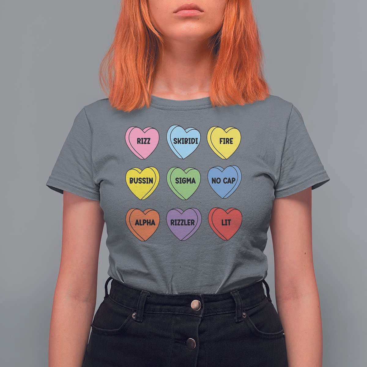 Funny Skibidi Valentine's Day T Shirt For Women Rizz No Cap Conversation Hearts Sigma