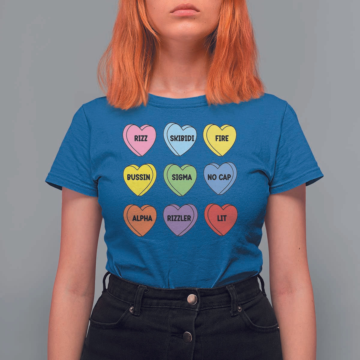 Funny Skibidi Valentine's Day T Shirt For Women Rizz No Cap Conversation Hearts Sigma