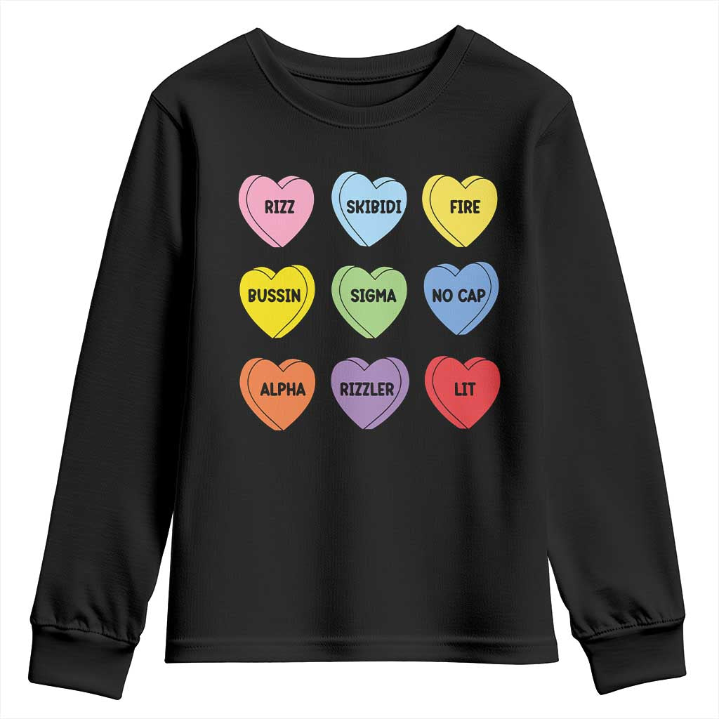 Funny Skibidi Valentine's Day Youth Sweatshirt Rizz No Cap Conversation Hearts Sigma