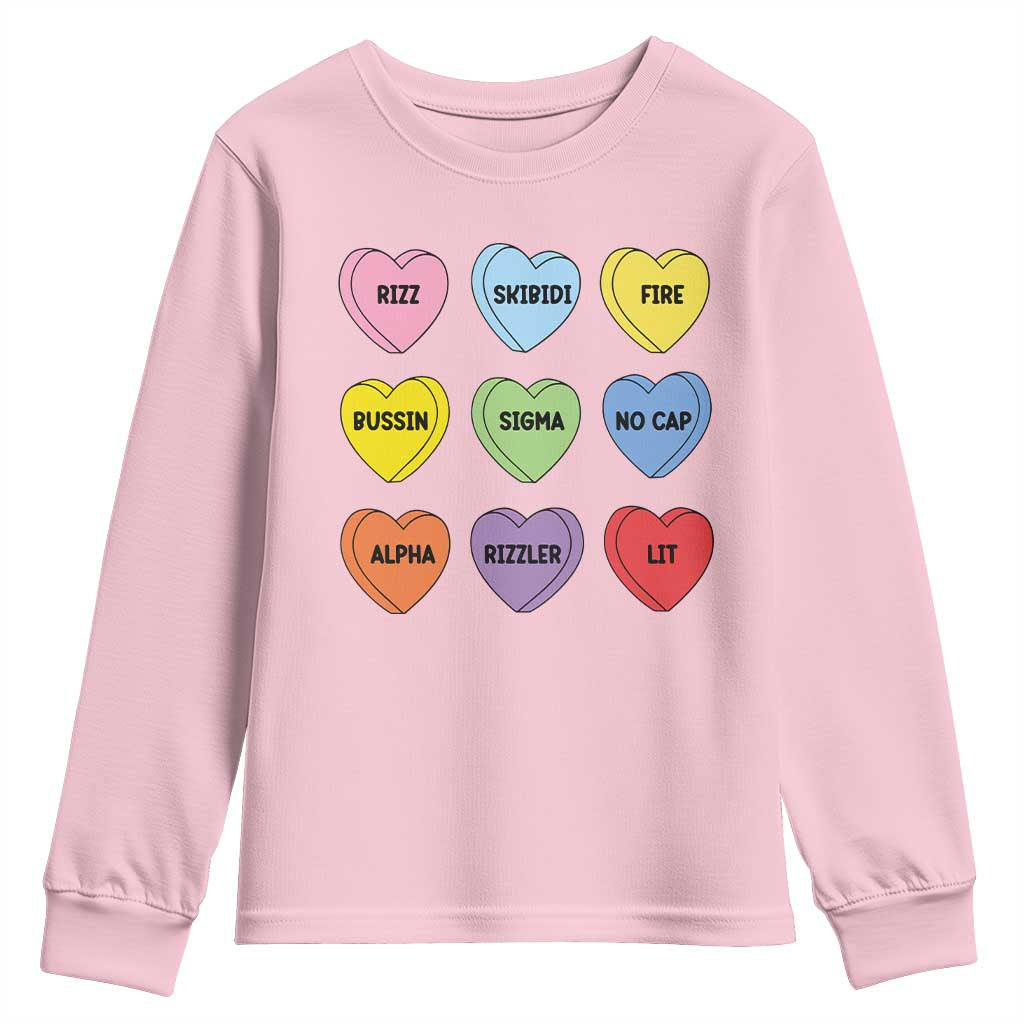 Funny Skibidi Valentine's Day Youth Sweatshirt Rizz No Cap Conversation Hearts Sigma