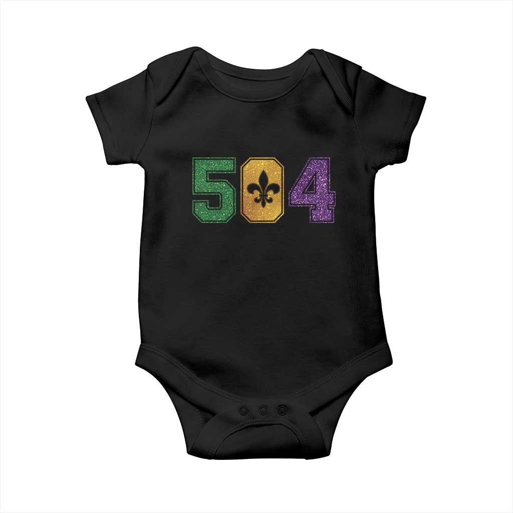 Mardi Gras 504 Nola New Orleans Louisiana Baby Onesie Glitter Print Fleur de Lis