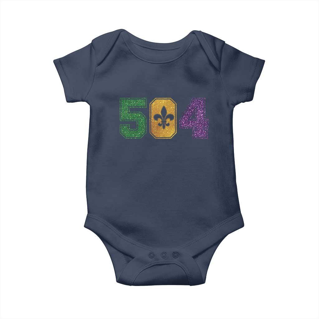 Mardi Gras 504 Nola New Orleans Louisiana Baby Onesie Glitter Print Fleur de Lis