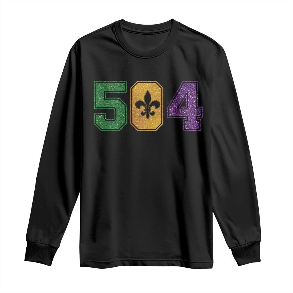 Mardi Gras 504 Nola New Orleans Louisiana Long Sleeve Shirt Glitter Print Fleur de Lis