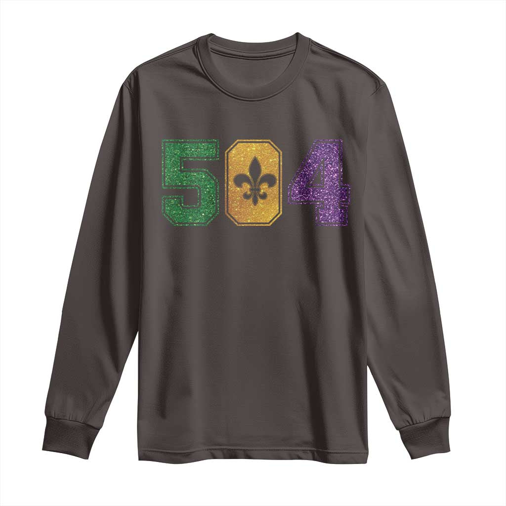 Mardi Gras 504 Nola New Orleans Louisiana Long Sleeve Shirt Glitter Print Fleur de Lis