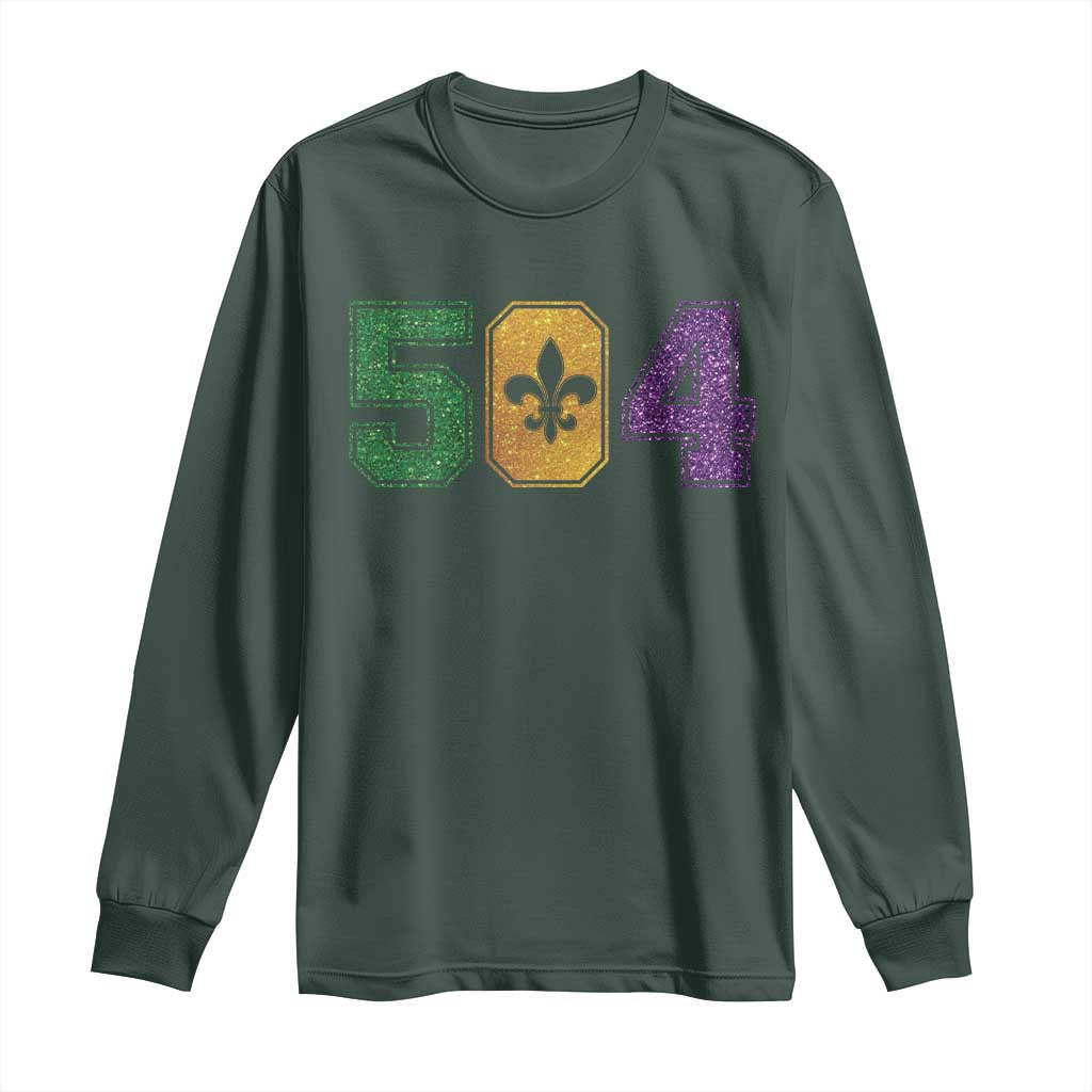 Mardi Gras 504 Nola New Orleans Louisiana Long Sleeve Shirt Glitter Print Fleur de Lis