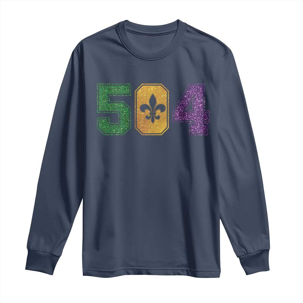 Mardi Gras 504 Nola New Orleans Louisiana Long Sleeve Shirt Glitter Print Fleur de Lis