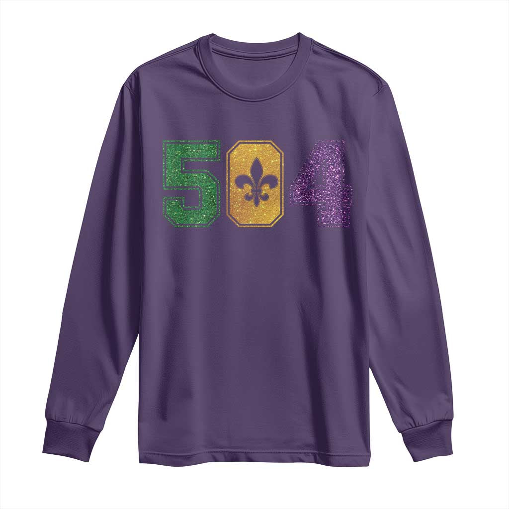 Mardi Gras 504 Nola New Orleans Louisiana Long Sleeve Shirt Glitter Print Fleur de Lis